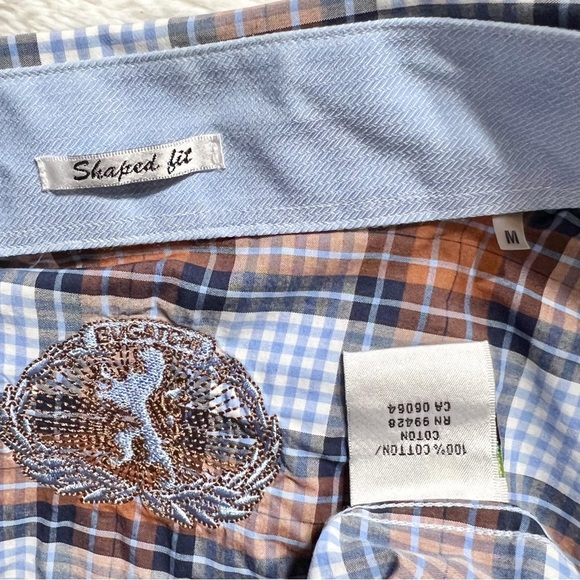 Bugatchi Mens Plaid Blue Brown Logo Embroidered Long Sleeve Buttondown Shirt - Picture 8 of 9